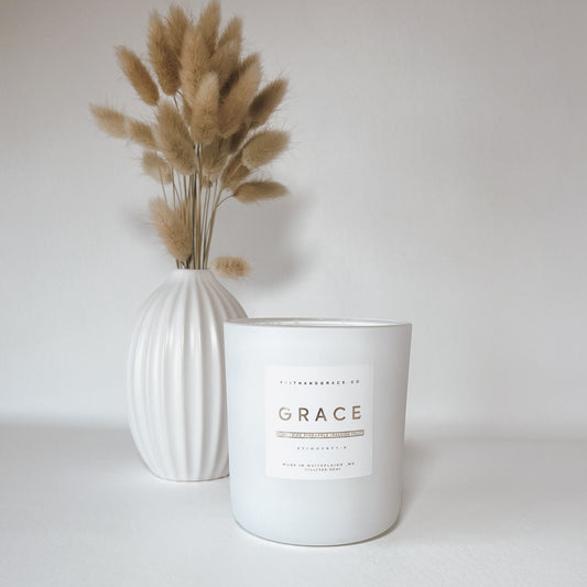 Grace Candle with passion fruit, ripe pineapple, and kiwi fragrance inspired by 2 Timothy 1:9, Faith and Grace Co