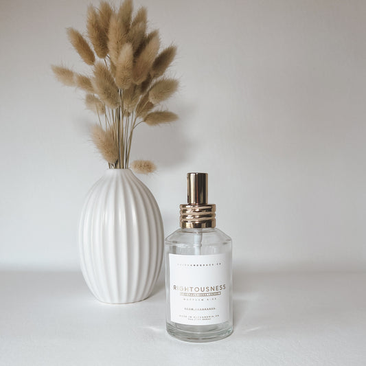 Righteousness Room Spray with tangerine, orange peel, and coconut fragrance inspired by Matthew 6:33, Faith and Grace Co