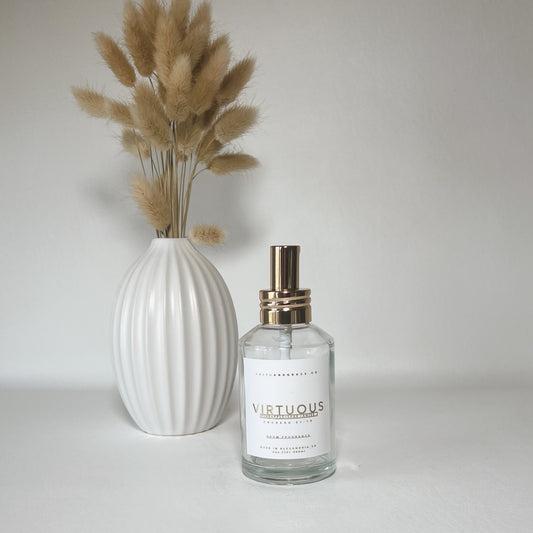 Virtuous Room Spray inspired by Proverbs 31. A soft blend of pineapple, sage, and anise that honors the wisdom and worth of a virtuous woman